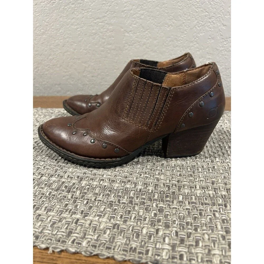 Born Ankle Boots Western Cowboy Brown Leather Studded Size 7.5 Womens Country